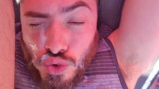SELF FACIAL on my truck, Sucking my own balls & cock