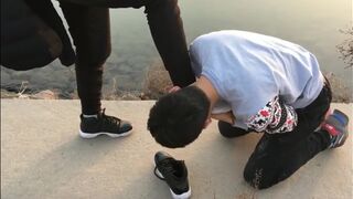 Chinese twink slave fetish and blowjob in public