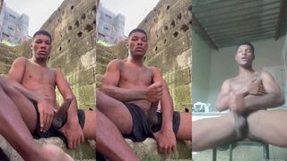 Brazillian boy show his BIG BLACK COCK and cum in public (compilation)